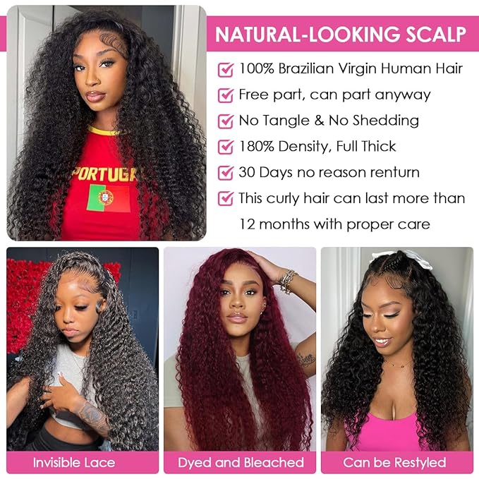 CYNOSURE 13x4 Lace Front Wigs Human Hair Pre Plucked 180% Density Brazilian Kinky Curly Frontal Wig with Baby 9A Natural Black for Women(16, Wigs)