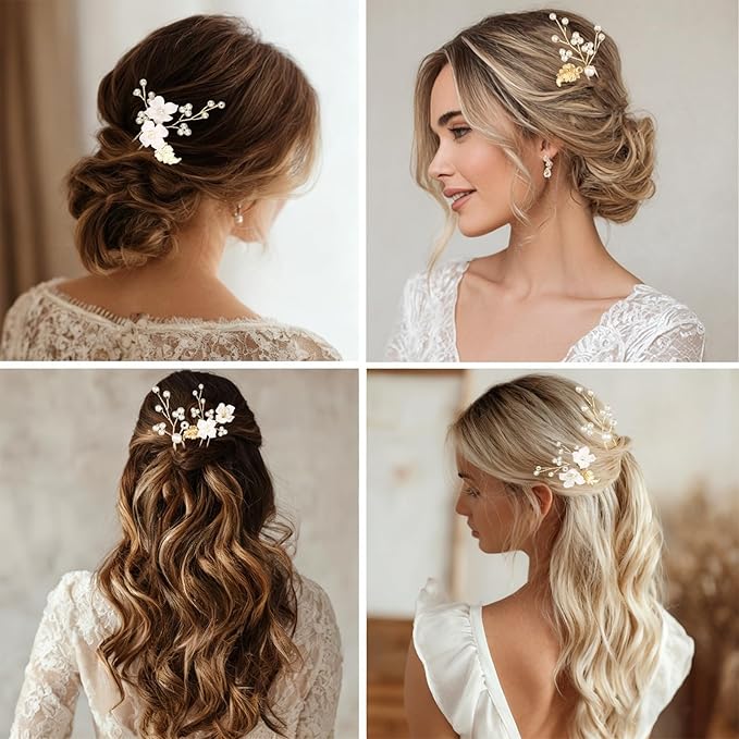 Pearl Bridal Wedding Hair Pins 6Pcs White Flower Gold Leaf Pearls Clips Bridal Hair Accessories for Women Brides Bridesmaid