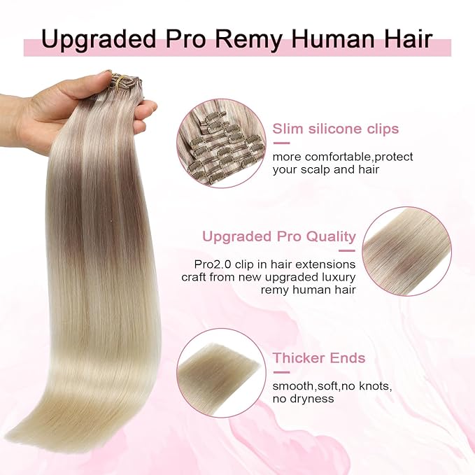 Pro2.0 Remy Clip in Extensions Real Human Hair #18/22/60 Balayage Ash Blonde to Golden Blonde and Platinum Blonde Clip in Hair Extensions Real Human Hair 18inch 120g 7pcs（#18/22/60-18inch）