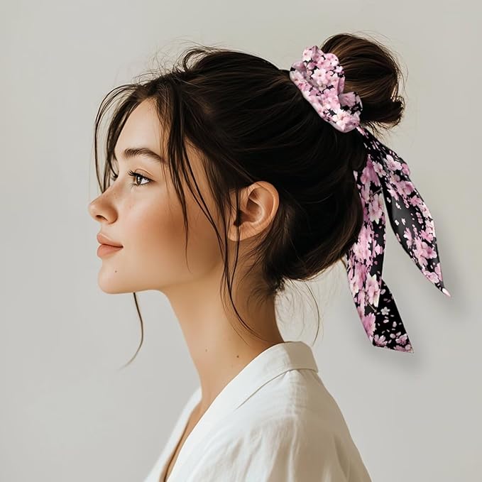 Cherry Blossom Elastic Ribbon Hair Ties 2 Pcs Pink Black Scarf Scrunchies Travel Accessory for Thick Thin Hair Satin Ponytail Scrunchy with Tails