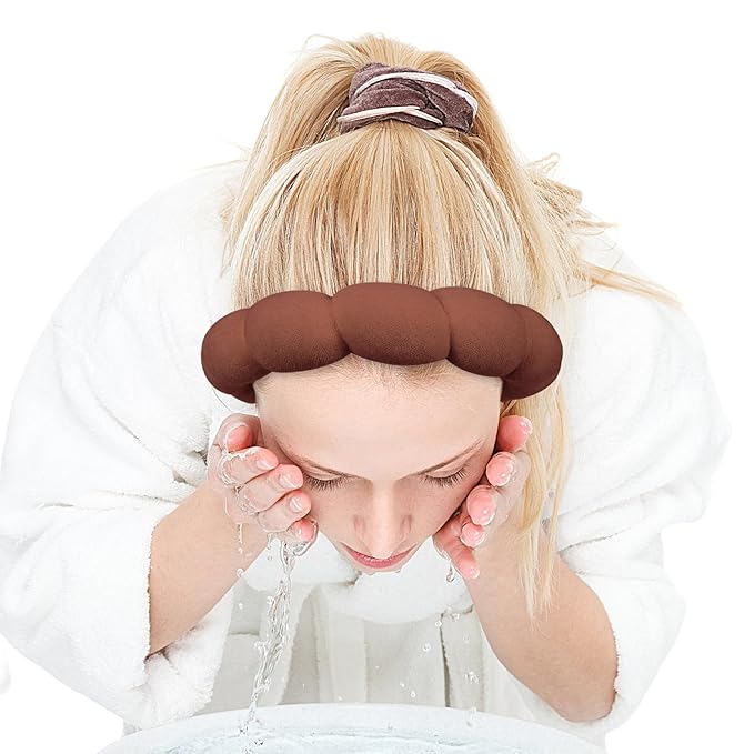 Zkptops Spa Headband for Washing Face Wristband Set Sponge Makeup Skincare Terry Cloth Bubble Soft Get Ready Hairband for Women Girl Puffy Padded Headwear Non Slip Thick Hair Accessory(Dark Brown)