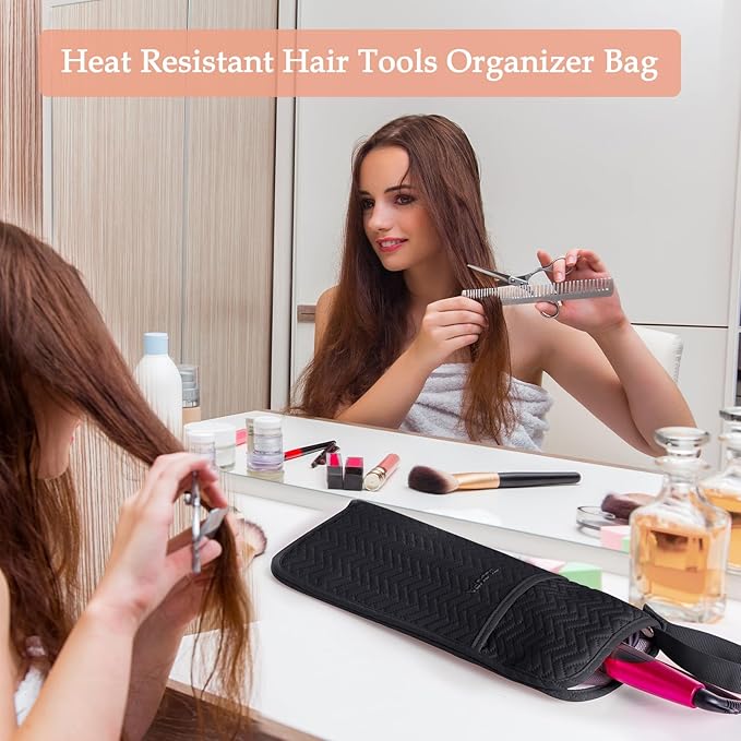 Hair Tools Travel Bag, Heat Resistant Curling Iron Holder & Flat Iron Case, Hot Tools Organizer Pouch for Hair Straightener, Hair Dryer, Crimper & Styling Accessories, Travel Makeup Bag