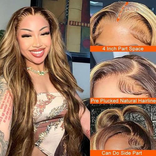 13x4 HD Body Wave Highlight Ombre Lace Front Wig Human Hair Pre Plucked 4/27 Honey Blonde Lace Frontal Wig For Women with Baby Hair 200% Density Glueless Body Wave Colored Lace Front Wig 18 Inch