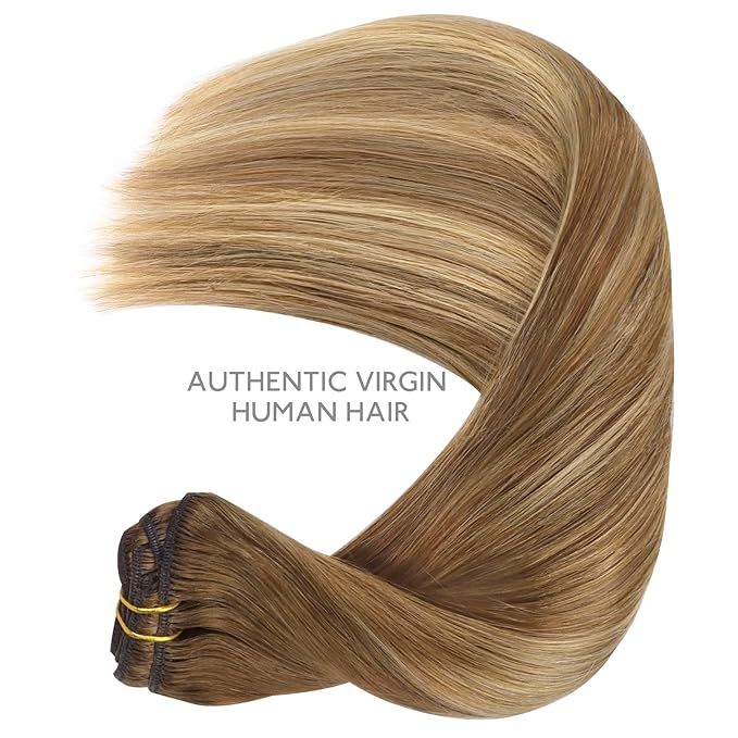 WENNALIFE Clip in Hair Extensions Real Human Hair, 22 Inch 120g 7pcs Human Hair Extensions Clip In Human Hair, Balayage Chestnut Brown Mixed Dirty Blonde Hair Extensions Clip In Real Hair Coloured