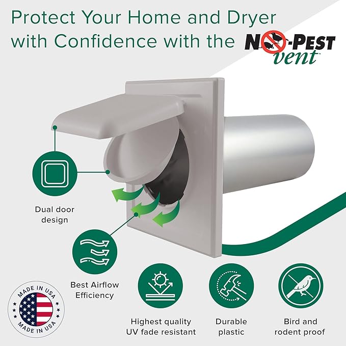 NO-PEST VENT, Exclusive Dual Door Dryer Vent Cover Outdoor 4 inch with Collar, Made in USA w Highest UV Resistant Plastic in any Outdoor Vent Cover (Light Grey, 4" Plastic WIth Collar)