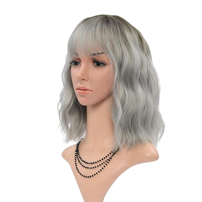 FAELBATY Grey Wigs with Bangs Women Girl's Ombre Grey Bob Wig Synthetic Cosplay Costume Wigs (12" Dark Root Ombre Grey)