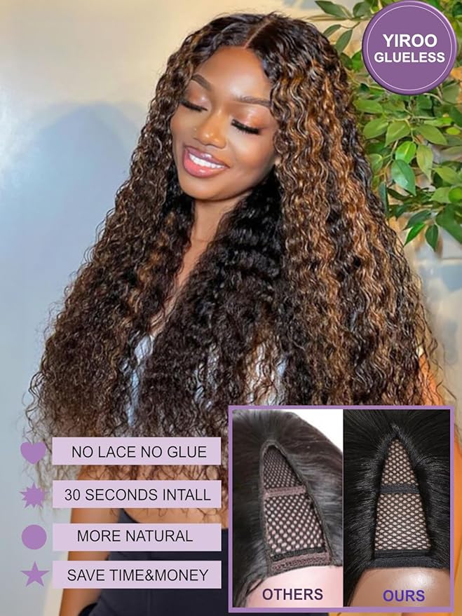 YIROO EasiContour V Part Wigs Ombre Brown Glueless Human Hair Upgrade U Part Wig with Dark Roots Highlight V Shape Clip Wigs Beginner Friendly with Drawstring Ready to Wear Chestnut Brown Color 14Inch