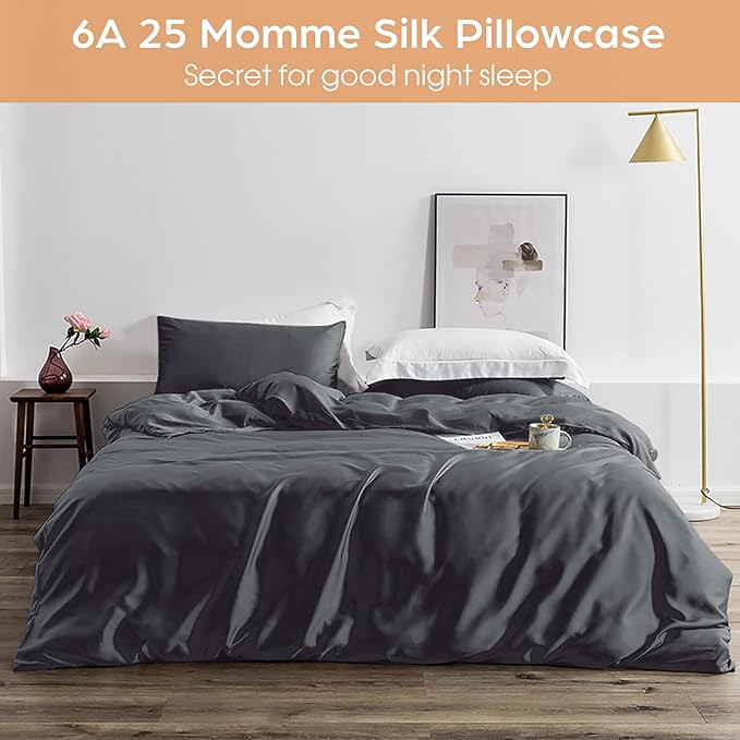 Silk Pillowcase for Hair and Skin, 2 Pack 100% Mulberry Silk Pillowcase 25 Momme, 600 Thread Count, Both Side Pure Silk Pillow Cover with Hidden Zipper (BlackGray, King 20''×36'')