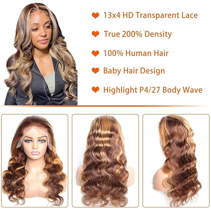 13x4 Highlight Ombre Lace Front Wig Human Hair Pre Plucked 4/27 Honey Blonde HD Glueless Colored Lace Frontal Wigs For Women with Baby Hair 200% Density Body Wave Lace Front Wig (28 Inch)