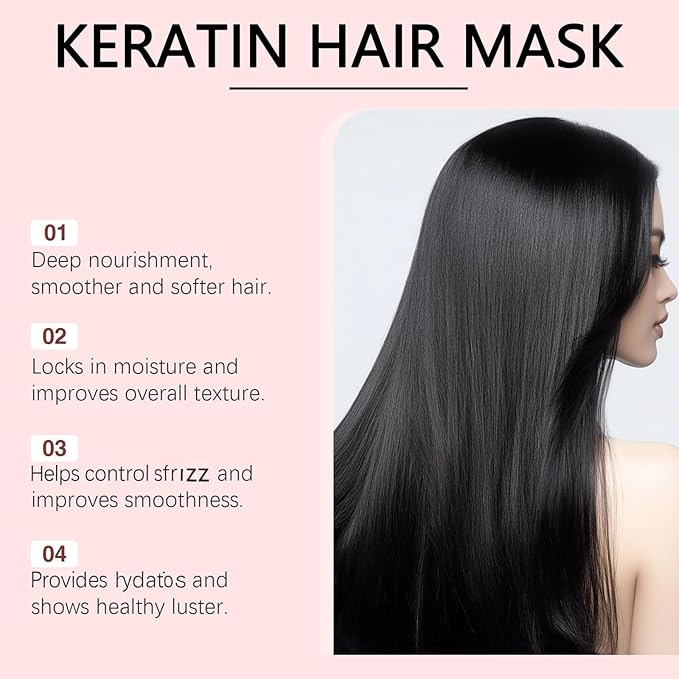 Keratin & Collagen Hair Mask for Dry Damaged Hair - Deep Repair Treatment with Hydrolyzed Keratin, Frizz Control & Split Ends Repair, Moisturizing Hair Care, 3.53 oz (1, pcs)