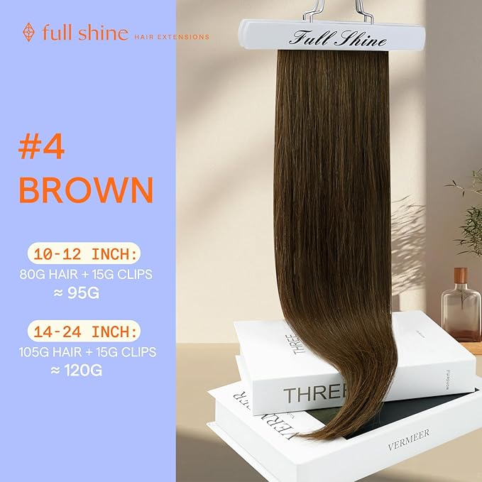 Full Shine Brunette Hair Extensions Clip ins 10 Inch Clip in Hair Extensions Golden Brown 7 Pcs 95 G