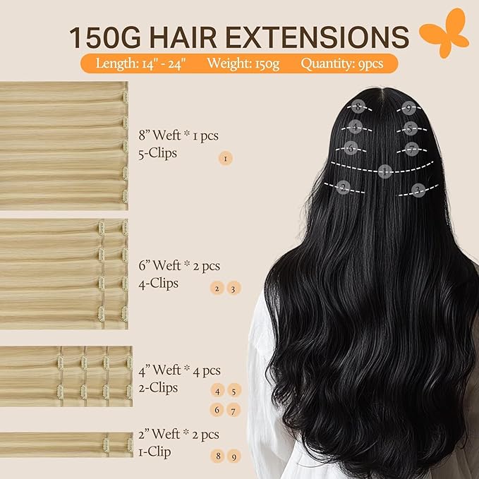 DOORES Clip in Human Hair Extensions, Dirty Blonde Highlight Golden Blonde 24 Inch 9pcs 150g, Human Hair Extensions Clip in Extensions Human Hair Natural Thick Silky Straight Hair Extensions