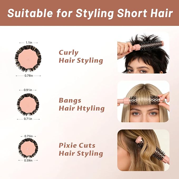 Small Round Hair Brush Pink - Boar Bristle&Nylon Mixed Bristles for Smoothing, Volumizing & Frizz Control - Mini Blow Dry Styling Brush for Fine Hair, Smooth Curls and Salon Blowout at Home