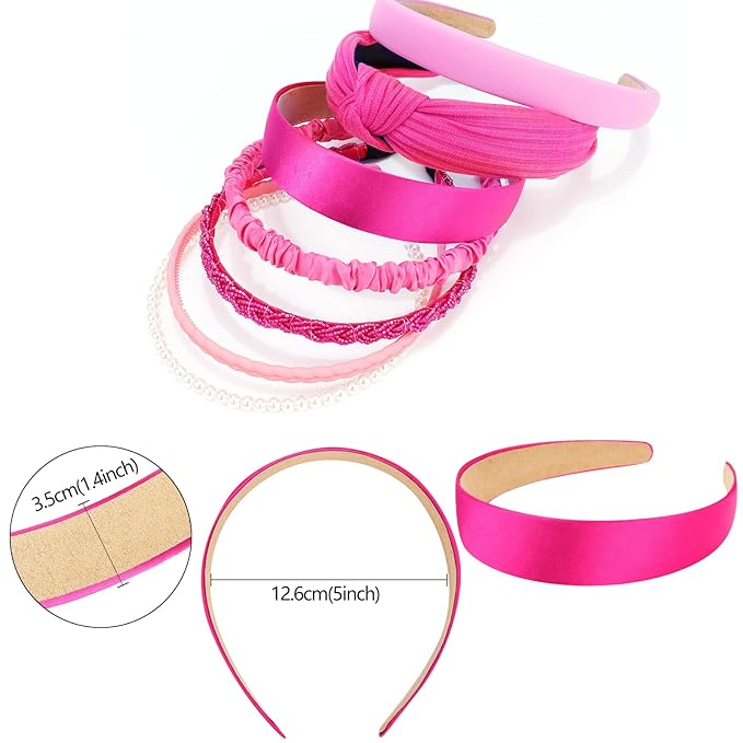 VELSCRUN Headbands for Women 7 Pcs Different Hot Pink Knotted Solid Pearl Head Bands Non Slip Hair Band for Womens Gilrs Thin Thick Short Hair Fashion Accessories