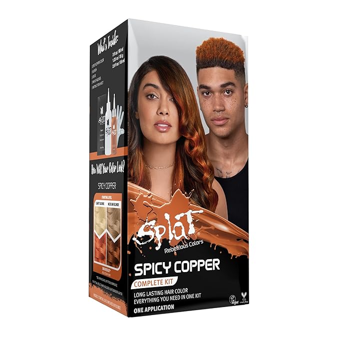 Splat Spicy Copper Semi Permanent Hair Dye Kit with Bleach, 1 Application, Includes Copper Orange Hair Dye, Oxide & Bleach Powder, Vegan & Cruelty Free Hair Color