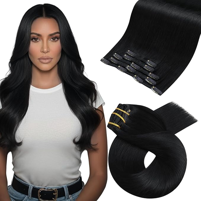 Moresoo Clip in Hair Extensions Real Human Hair Black 5pcs 80g Remy Straight Invisible Lace Double Weft Jet Black Human Hair Clip in Extensions #1 22inch
