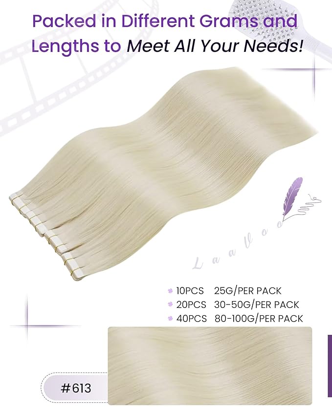 LaaVoo Tape in Hair Extensions Human Hair Blonde Real Hair Tape in Extensions #613 Bleach Blonde Human Hair 24 Inch 40pcs/100g