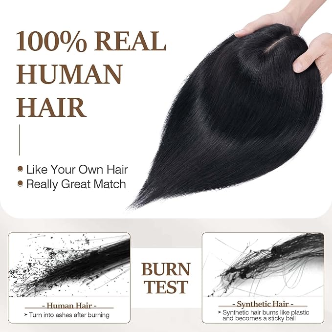 Rich Choices Hair Toppers for Women Real Human Hair 100% Human Remy Toppers NO Bangs for Women with Thinning on Top Clip in Hairpiece 4"x4.7"Lace Base 10 Inch #1 Jet Black