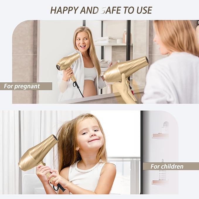 Ionic Hair Dryer,2400W Negative Ion Low Noise Hair Dryer Professional Fast Drying Hair Dryers with 2 Speeds, 3 Heat Settings, Cooling Button,with Diffuser for Curly and Straight Hair（Champagne Gold）