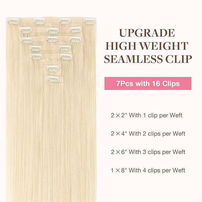 GOO GOO Clip in Hair Extensions Real Human Hair, Remy Human Hair Extensions Clip ins for Women, Natural Human Hair, 24inch 160g 7Pcs, 613R Bleach Blonde