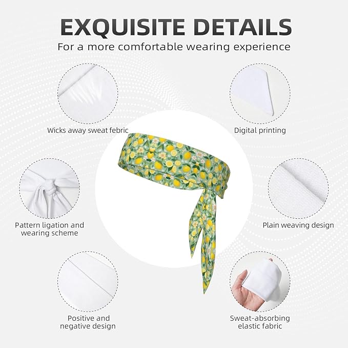 Men's Women Lovely Sports Sweat Band Hair Decor for Sports Workout Spa, Long Boho Style Lemon Tree Leaves Tropical Flowers Floral Head Ribbon Headwear