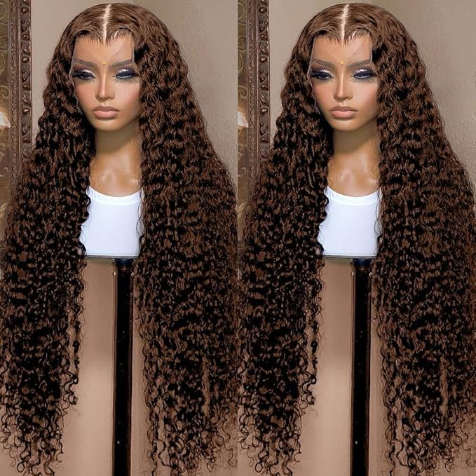 28 Inch Chocolate Brown Deep Wave Lace Front Wigs Human Hair Pre Plucked 200% Density 13x6 HD Lace Frontal Wigs with Baby Hair Deep Curly Wet and Wavy Glueless Wigs for Women (4# Brown, 28 Inch)