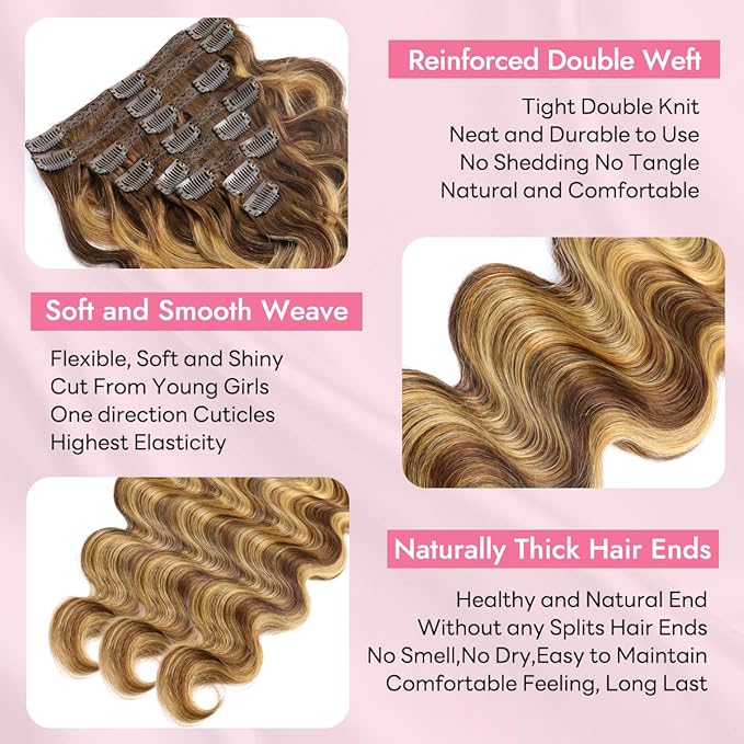Clip in Hair Extensions Real Human Hair Body Wave #4/27 Chocolate Brown to Honey Blonde 100% Brazilian Remy Human Hair Extensions 8pcs Per Set with 18 Clips Double Weft 16 Inch 70g/3.6oz