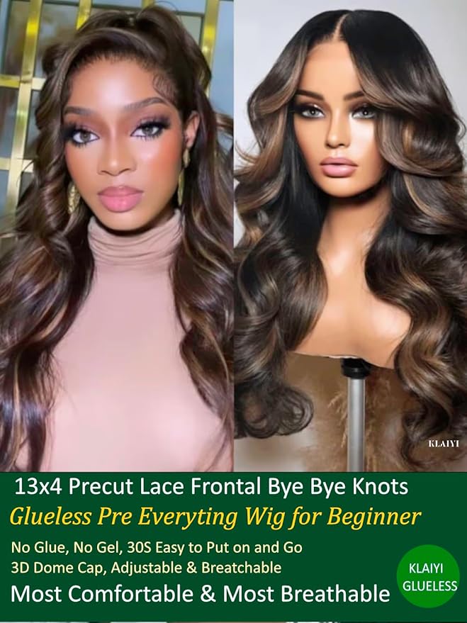 KLAIYI 13x4 Pre Everything Lace Front Chocolate Brown With Highlights Loose Body Wave Wig Human Hair Pre Cut Lace Pre Bleached Bye Bye Knots Pre Plucked Ombre Glueless Wear Go Wig Ready to Wear 18Inch