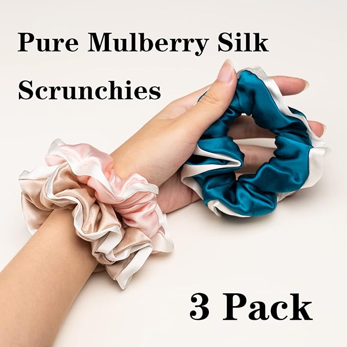 Silmer Silk Scrunchies for Hair Bicolor Hair Tie 100% Mulberry 3 Pack(Pink, Peacock Blue, Apricot)