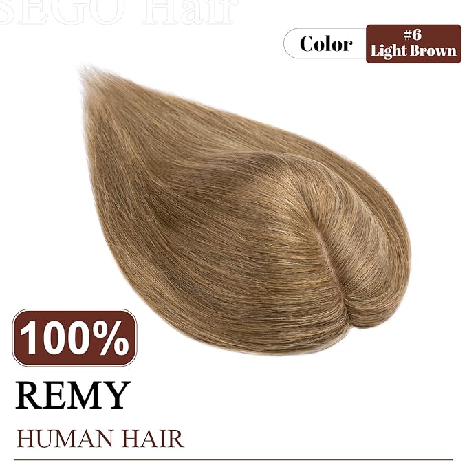 SEGO Real Human Hair Topper for Women, No Bangs Hair Topper with Anti-Slip Clips (12 Inch#6 Light Brown)