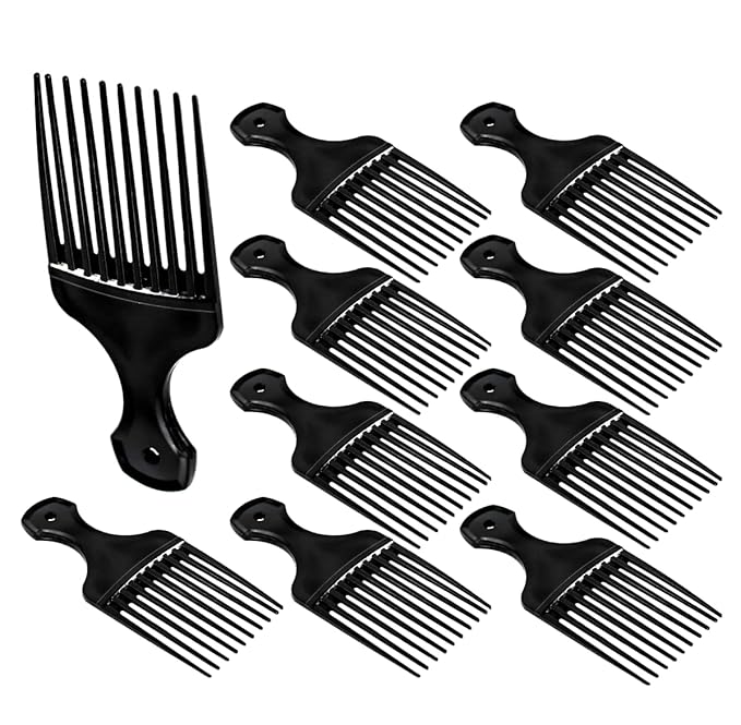 Plastic Hair Pick Comb – Wide Tooth Afro Lift Picks - Pack of 10 Combs - 5.25 Inch - for Styling Lifting Detangling Adding Volume for Long Curly and Thick Hair, Wigs and Beards for Men & Women