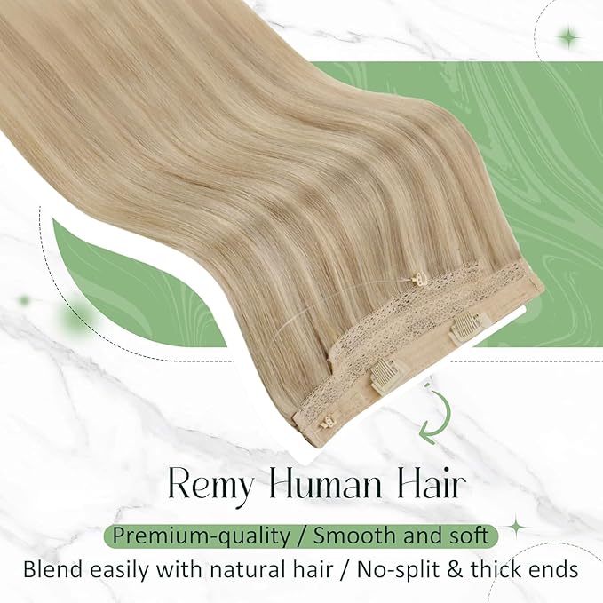 RUNATURE Wire Human Hair Extensions, Secret Wire Hair Extensions, Real Human Hairpieces with Transparent Wire, 14 Inch 70g #16P22 Dark Ash Blonde Highlight Light Blonde