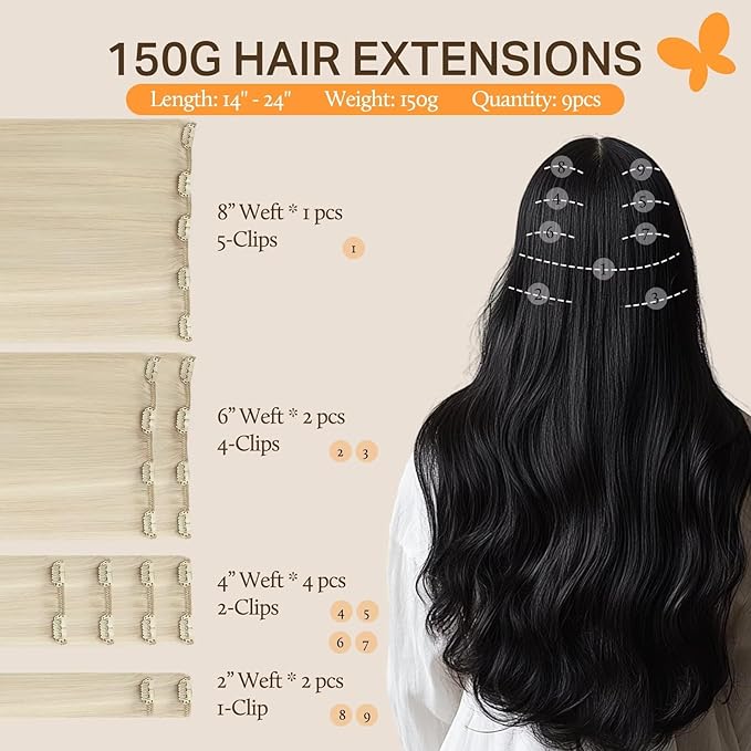 DOORES Human Hair Extensions, Platinum Blonde 24 Inch 9pcs 150g, Hair Extensions Real Human Hair Clip ins Extensions For Women Clip in Extensions Human Hair Natural Thick Silky Straight