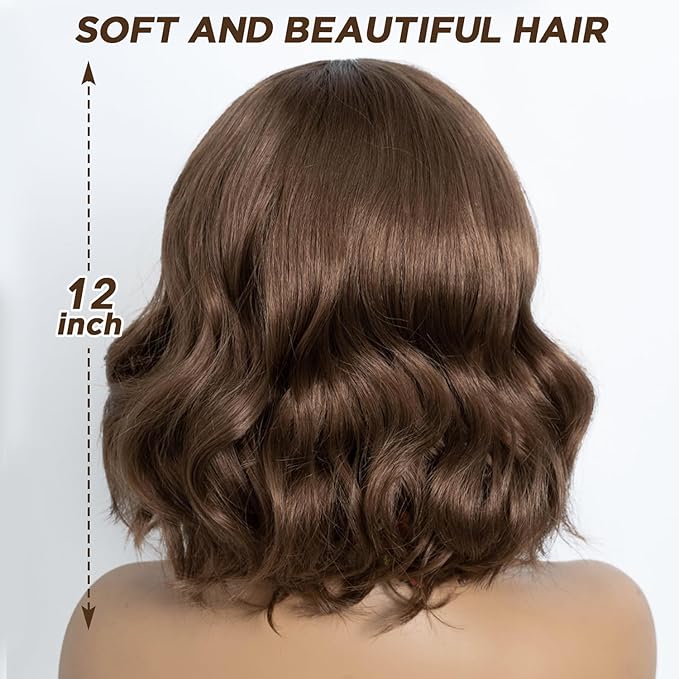 NOBLE Bob Wig with Bangs 12 Inches Synthetic Wavy Bob Wigs for Women Natural Looking Short Brown Wig Heat Resistant Fiber Hair for Daily Party Use