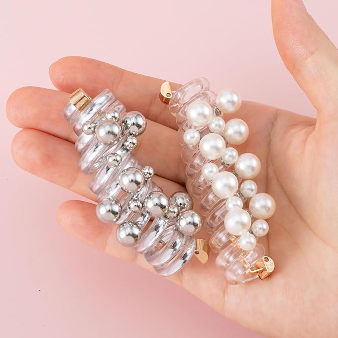 4PCS Bead Spiral Hair Ties, Artificial Pearl Bead Phone Cord Ponytail Holders for Women, Elegant Rubber Hair Coils, Stylish Hair Accessories for Party, Daily Use - White, Silver Bead