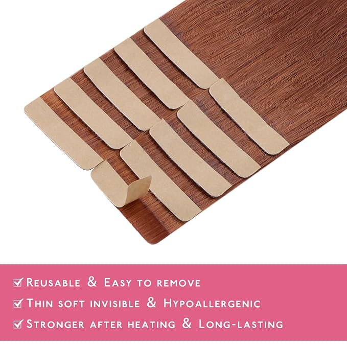 WENNALIFE Tape in Hair Extensions Human Hair Dark Auburn Copper Tape in Extensions, 10pcs 25g 14 inch Remy Invisible Tape Ins Straight Colored Soft Real Human Hair Tape in Extensions Refill Set Extens