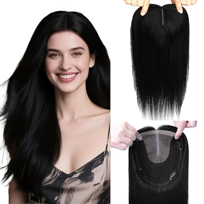 Hair Toppers for Women Real Human Jet Black Hairpieces for Thinning Hair 6x7inch Large Base 360°3D Toppers for Women 14inch Clip in Extensions Add Volume 65g (#1Toppers-14inch)