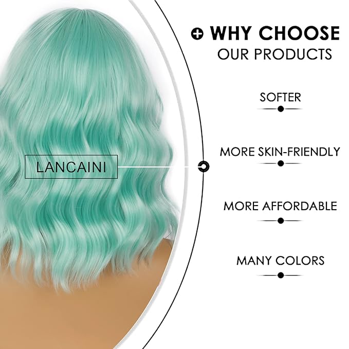 Short Bob Wigs with Bangs for Women Loose Wavy Wig Curly Wavy Shoulder Length Bob Synthetic Cosplay Wig for Girl Colorful Costume Wigs (Mint Green)