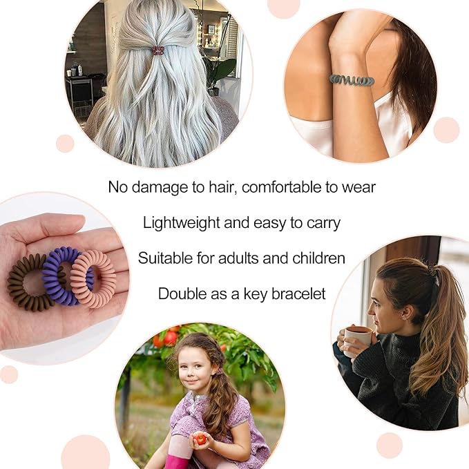 JessLab Spiral Hair Ties, 20 Pcs Traceless Phone Cord Hair Ties No Crease Spiral Bracelet Plastic Coil Ponytail Holders No-Damage Headband Hair Accessory for Girls Women Ladies (Dark Colored Matte)