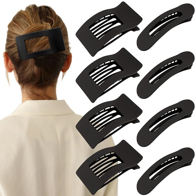 Velscrun Flat Hair Clips for Women Girls, 2 Styles 8 Pcs Lay Flat Claw Clips, Strong Hold French Duck Billed Large Side Hair Jaw Clip for All Hair Types, Fashion Trendy Hair Accessories Black