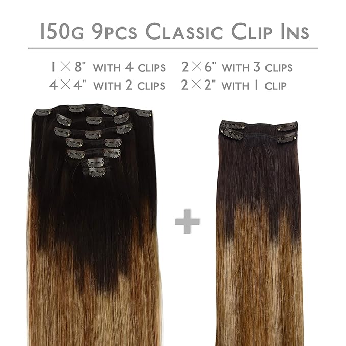 WENNALIFE Clip in Hair Extensions, 150g 20 Inch 9pcs Highlight Dark Brown to Chestnut Brown and Dirty Blonde Human Hair Extensions Thicker Real Human Hair Clip Set Double Weft