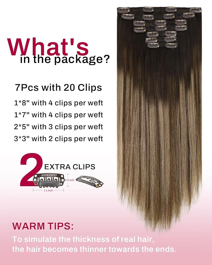 Moresoo Brown to Blonde Clip in Hair Extensions Remy Human Hair Balayage Dark Brown to Golden with Dark Honey Blonde Double Weft Hair Clip Extensions for Women Thick to Add Volume 150g/7pcs 22in