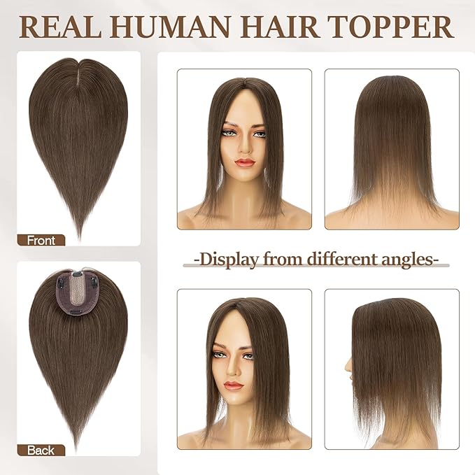 Rich Choices Hair Toppers for Women Real Human Hair 100% Human Remy Toppers NO Bangs for Women with Thinning on Top Clip in Hairpiece 4"x4.7"Lace Base 14 Inch #2R Chocolate Brown