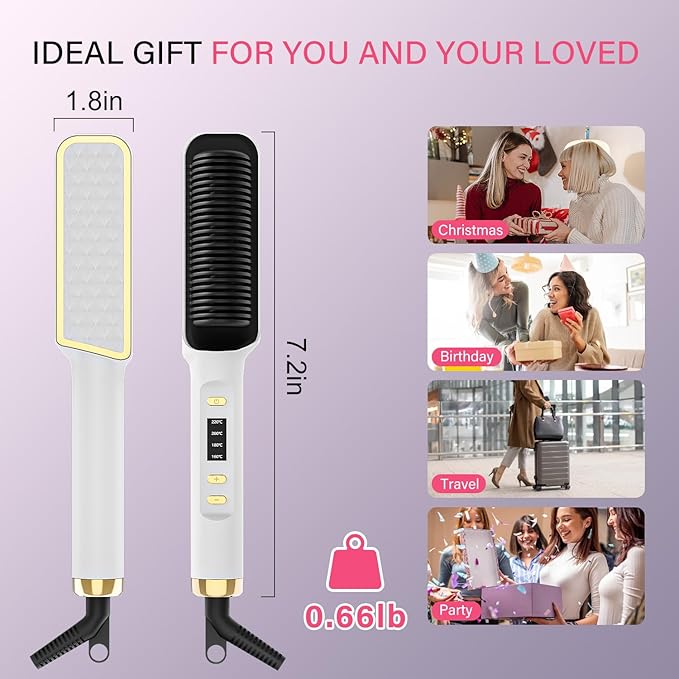Hair Straightener Brush, Hair Straightening Iron with Built-in Comb, 4 Temp Settings & LED Display & Anti-Scald & Auto-Off Safety, Perfect for Fine, Soft Hair, Ideal Gift for Women