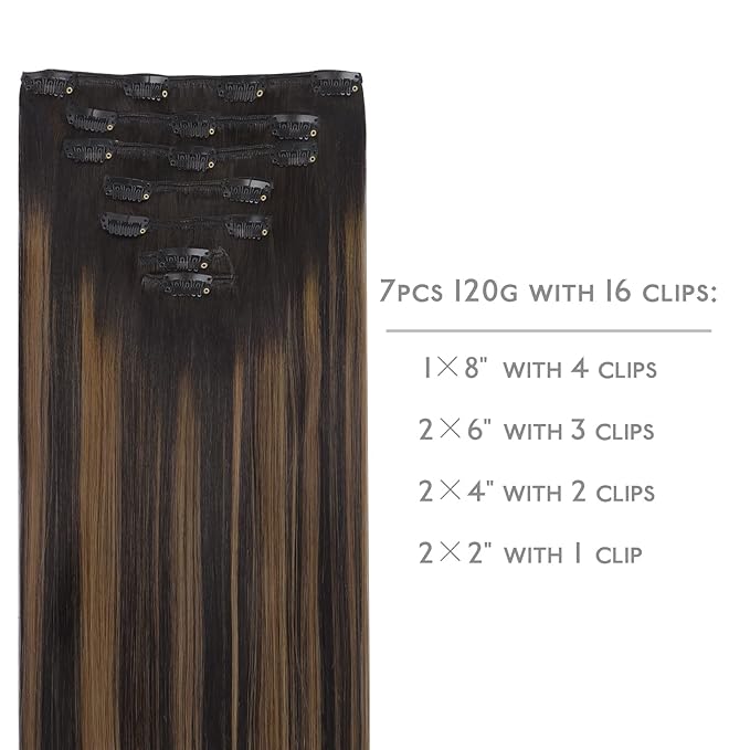 WENNALIFE Clip in Hair Extensions Real Human Hair, 14 Inch 110g 7pcs Remy Hair, Balayage Natural Black to Chestnut Brown Straight Natural Extensiones De Cabello Humano Con Clip Ins