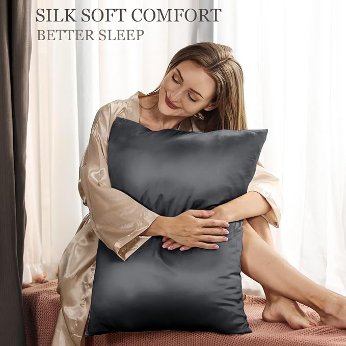 Adubor Silk Pillowcase Silk Pillow Case 2 Pack for Hair and Skin with Hidden Zipper, Both Sides 23 Momme Silk Pillow Case (Space Grey, King: 20''X36'')
