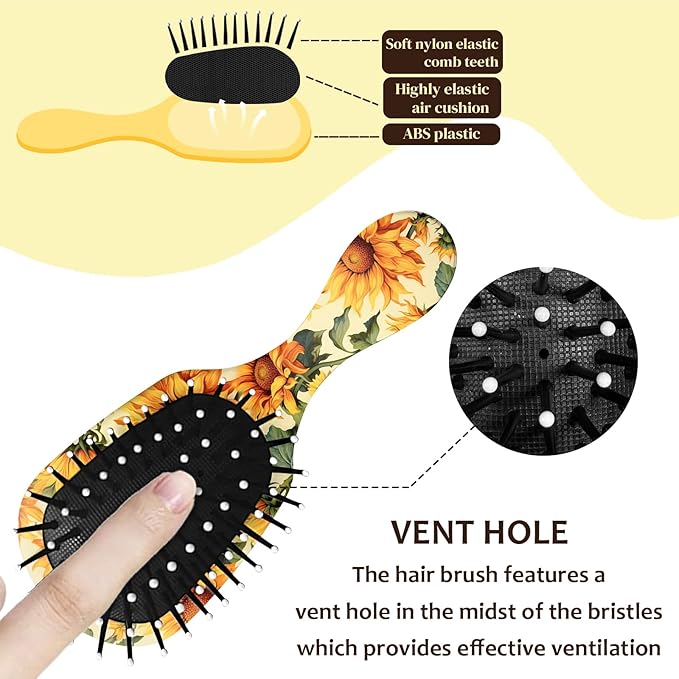 Mini Hair Brush,Cute Detangling Travel Hair Brush,Soft Bristles for Effortless Tangle Removal,Detangler Hairbrush for Women Men Boys Girls Kids Wet Dry All Hair Types (Yellow Sunflower, Mini)