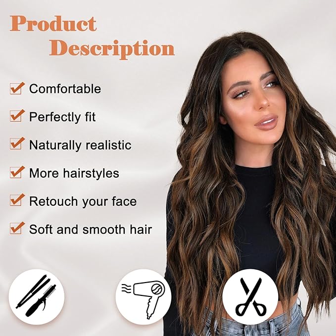 NAYOO 26 Inch Long Curly Middle Part Synthetic Heat Resistant Fiber Wig for Women - Daily Use Party Wig in Dark Brown