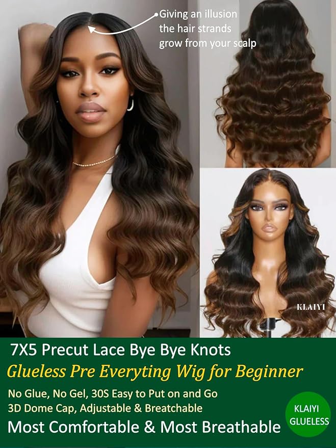 KLAIYI Ombre Brown Body Wave Bye Bye Knots Glueless Wig Pre Cut 7x5 HD Lace Front Wigs Human Hair Chestnut Brown Loose Wave Pre Plucked Bleached Wear and Go Wig with Dark Roots 30S Ready to Go 16Inch