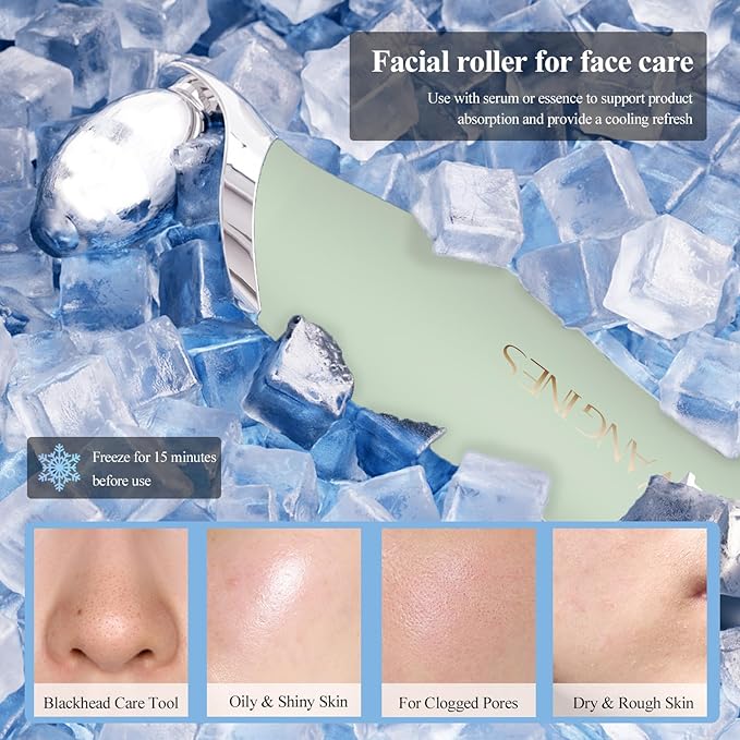 Blackhead Scraper Tool & Skin Scrubber Face Spatula for Blackhead Removal, Pore Cleaning, with Cooling Ice Roller & 2 Silicone Brush Heads (Sage Mist)